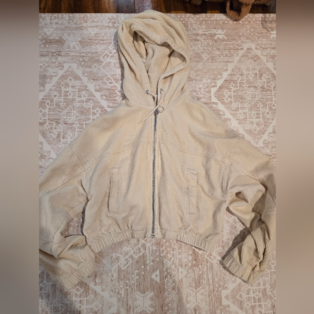 Womens Cream Hooded Crop Jacket Hoodie Urban Outfitters Size Small